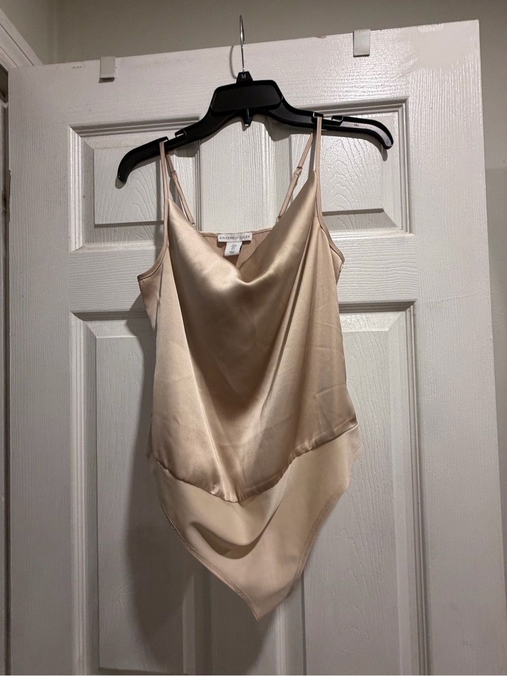 Sincerely Jules Champagne Satin Cowl Neck Bodysuit